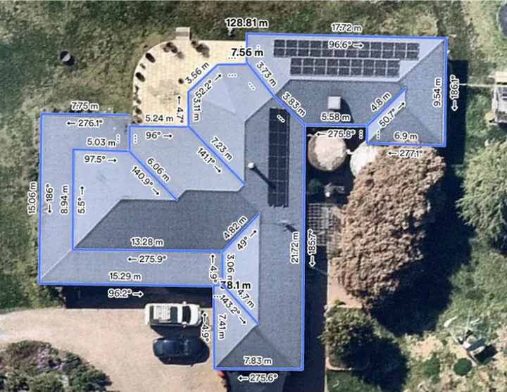 Aerial image of a home roof outlined and measured edge by edge for an accurate gutter guard quote