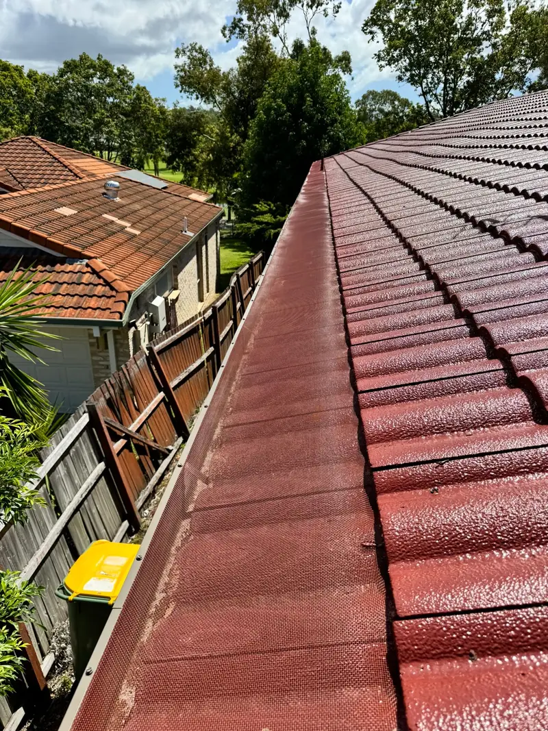 Terracotta colour-matched mesh on a tile roof, backyard view