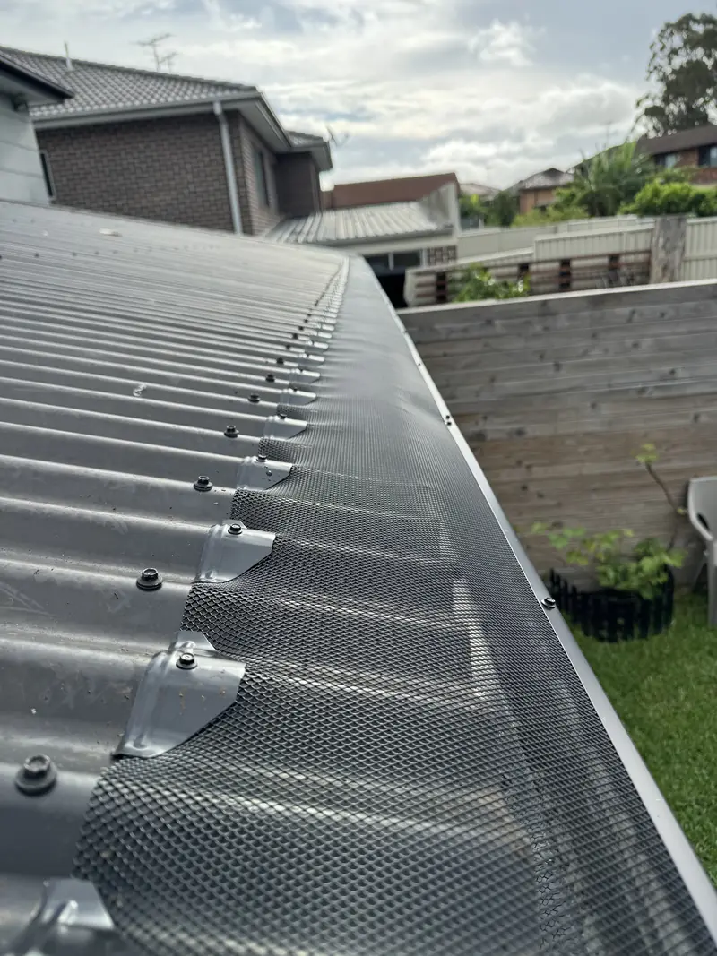 Mesh fitted along a corrugated roof gutter line