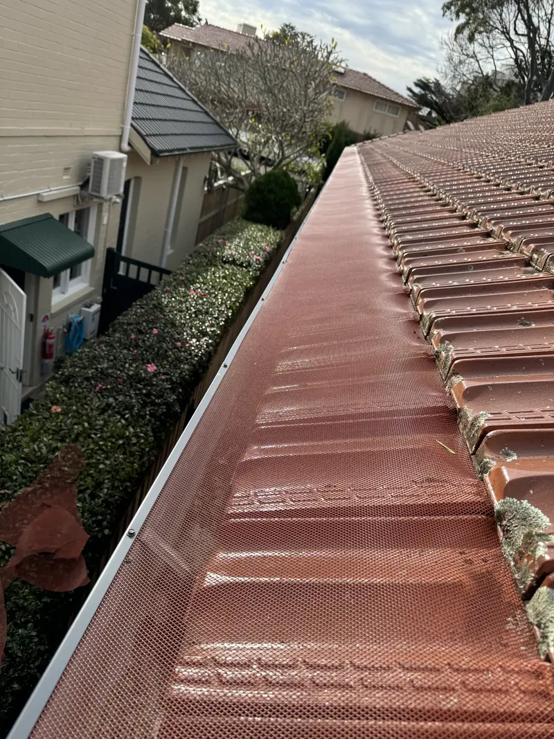 Terracotta colour-matched mesh on a tile roof above a garden hedge