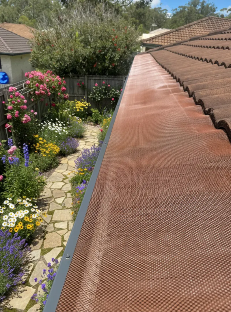 Terracotta colour-matched mesh on a tile roof above a flowering garden